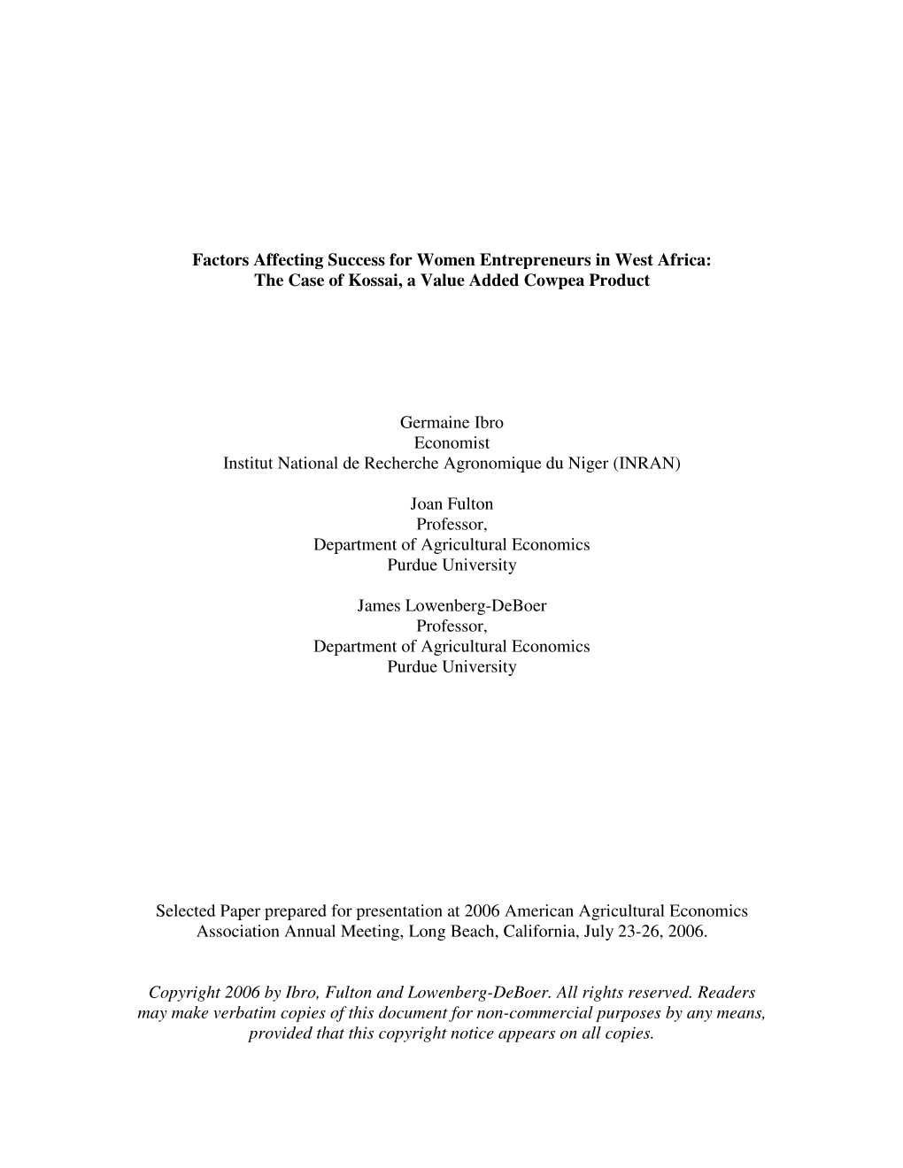 Factors Affecting Success for Women Entrepreneurs in West Africa: the Case of Kossai, a Value Added Cowpea Product