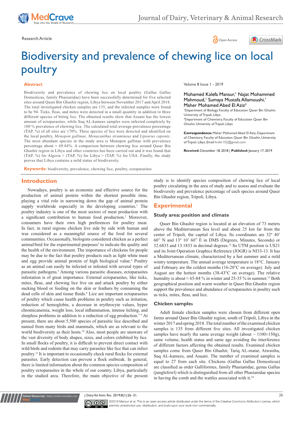 Biodiversity and Prevalence of Chewing Lice on Local Poultry