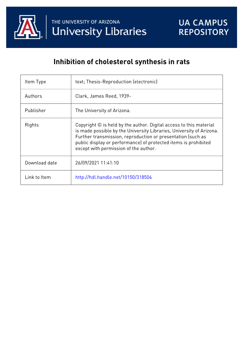 INHIBITION of CHOLESTEROL SYNTHESIS in RATS by James R