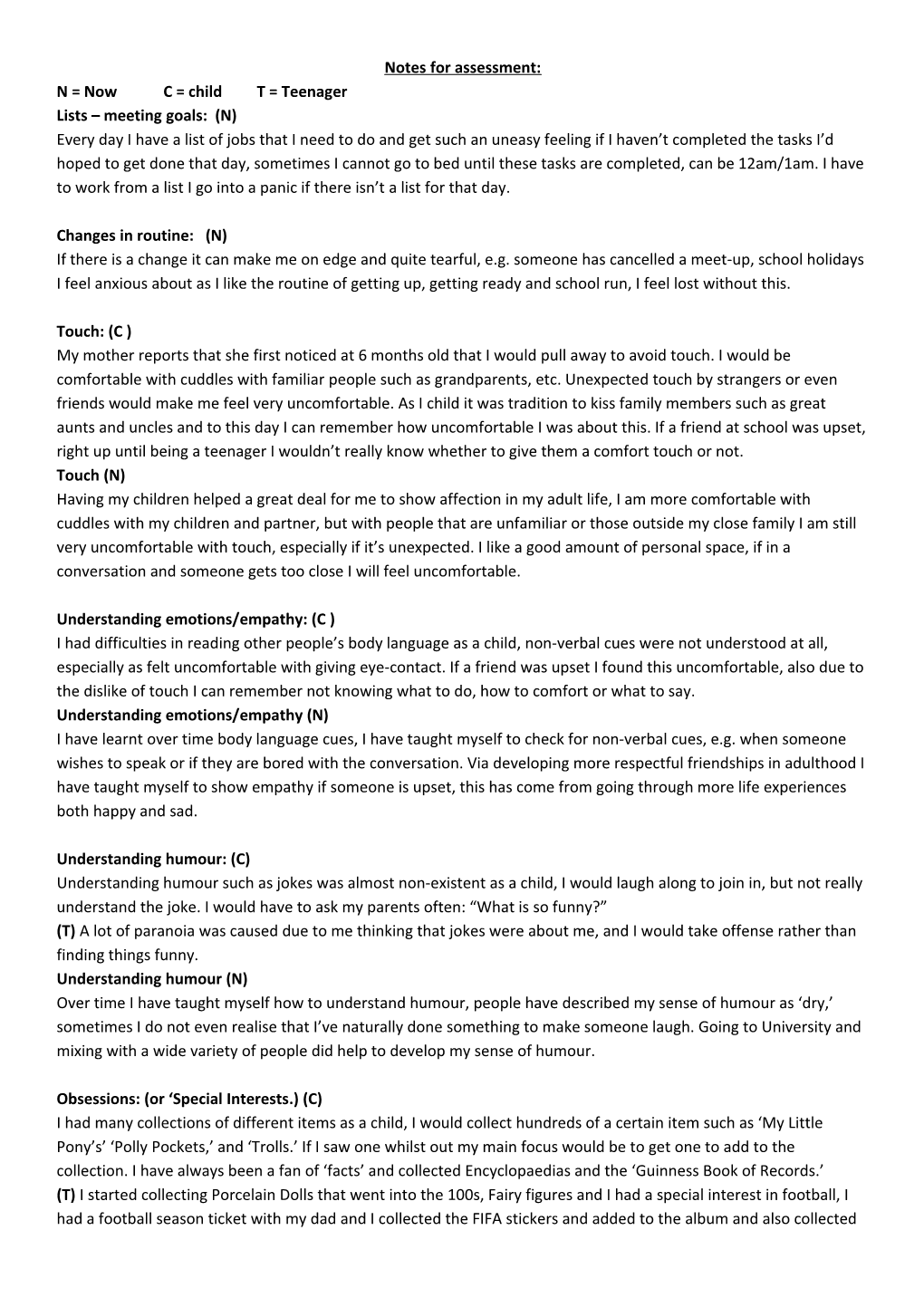 Notes for Assessment