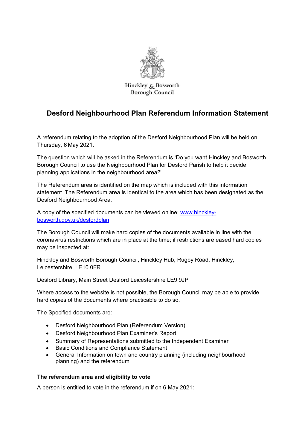 Desford Neighbourhood Plan Referendum Statement