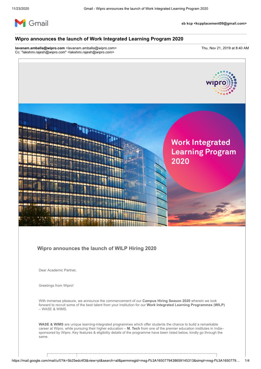 Wipro Announces the Launch of WILP Hiring 2020