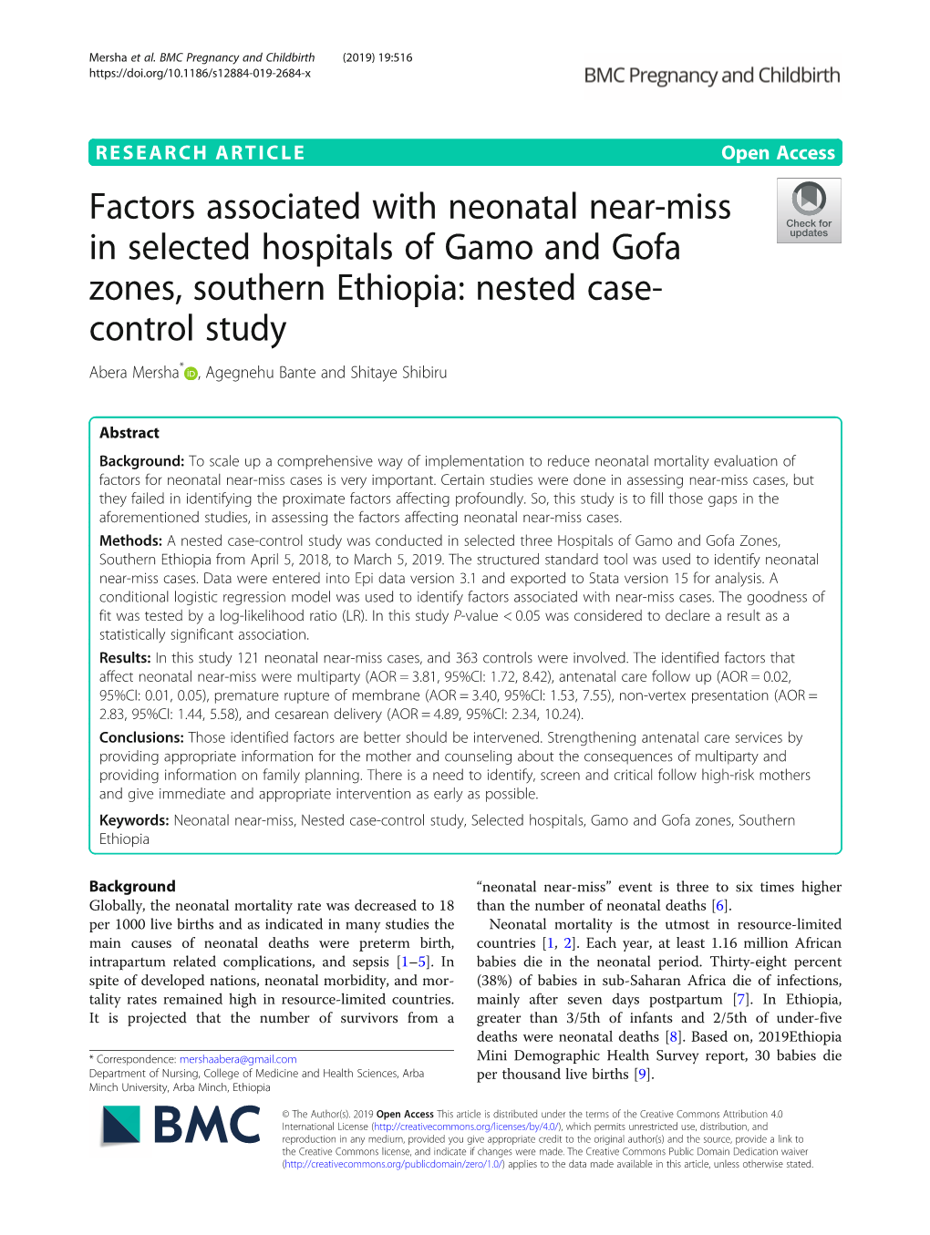 Factors Associated with Neonatal Near-Miss in Selected Hospitals of Gamo and Gofa Zones, Southern Ethiopia