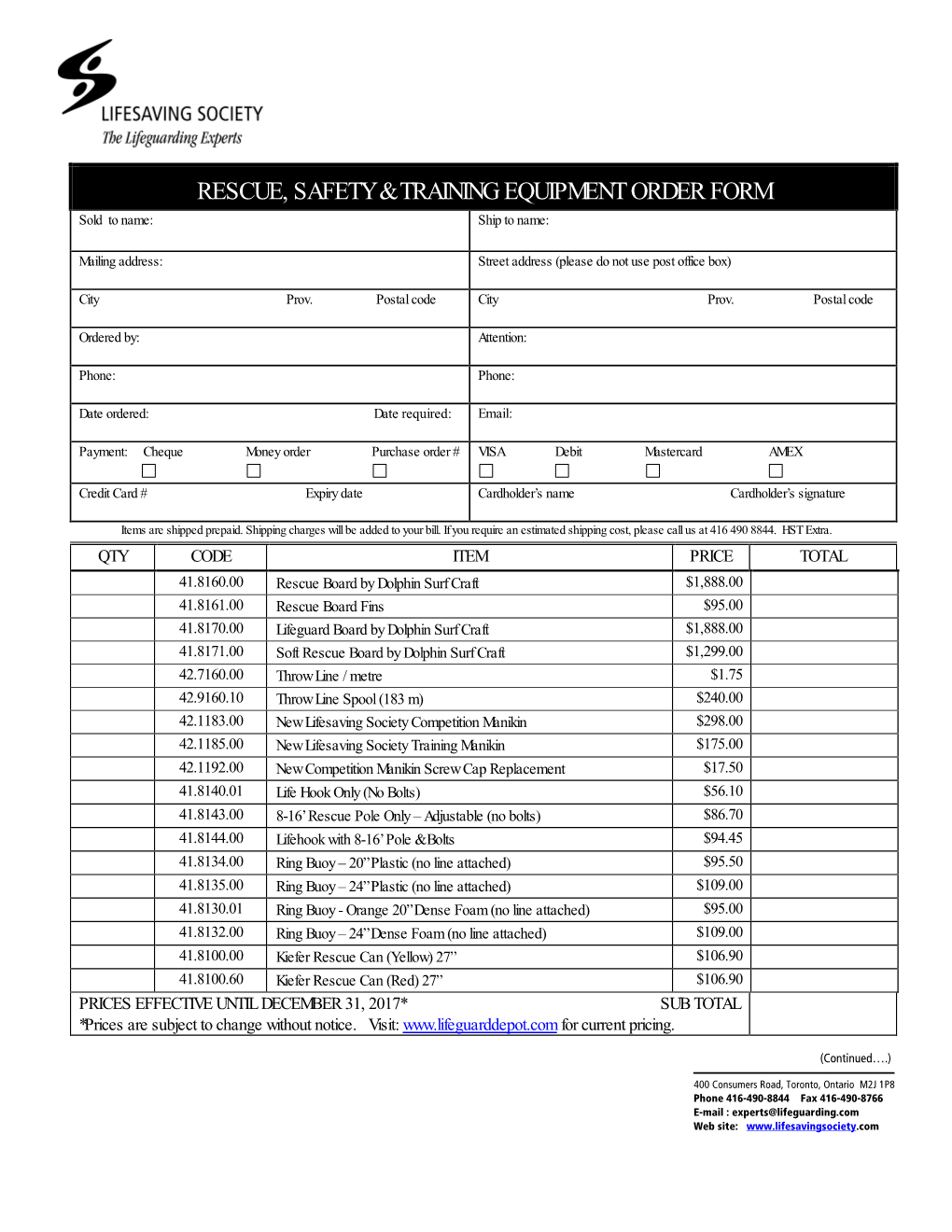 Rescue, Safety & Training Equipment Order Form