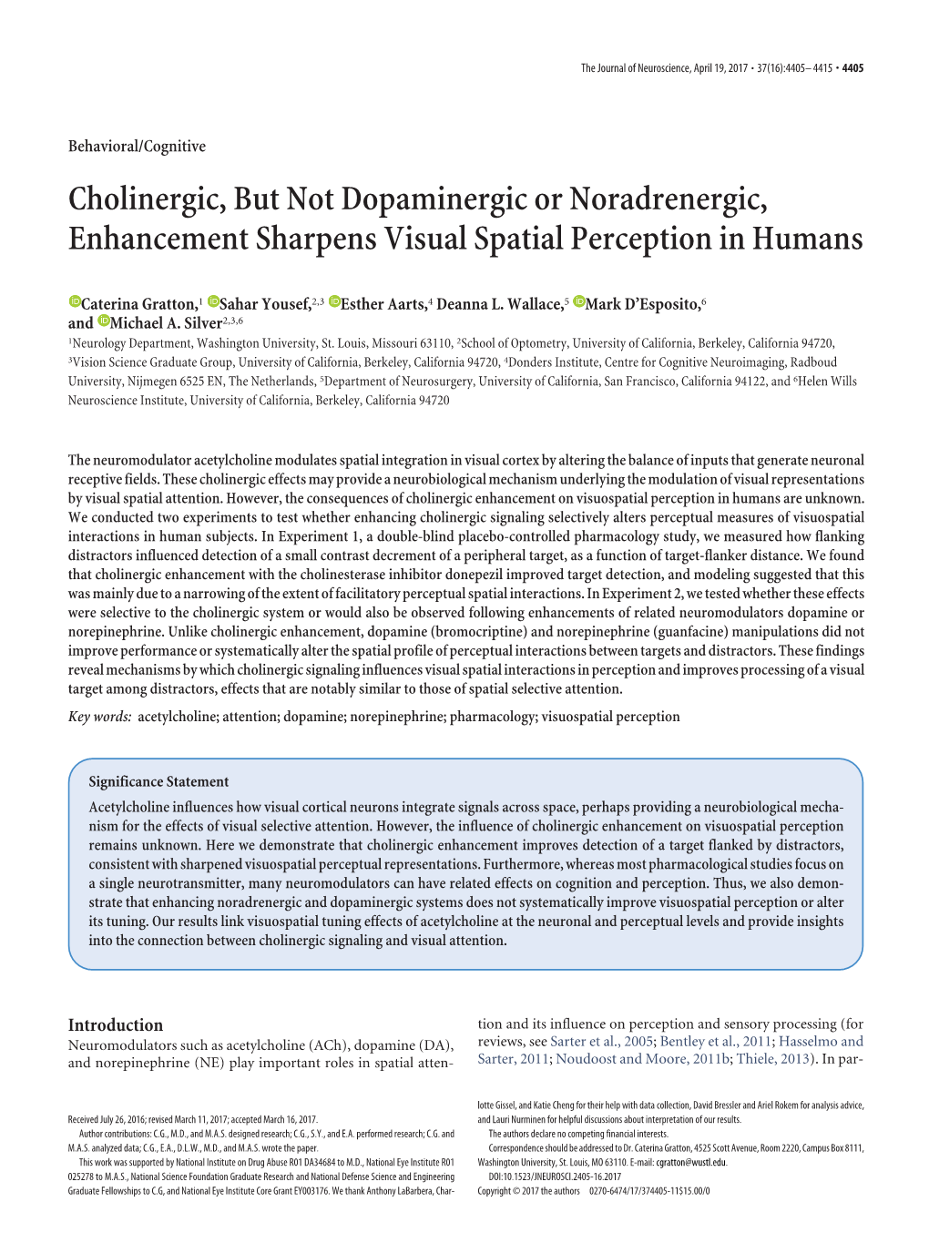 Cholinergic, but Not Dopaminergic Or Noradrenergic, Enhancement Sharpens Visual Spatial Perception in Humans