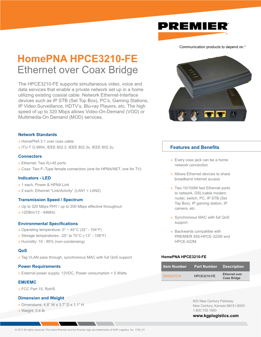Homepna HPCE3210-FE Ethernet Over Coax Bridge
