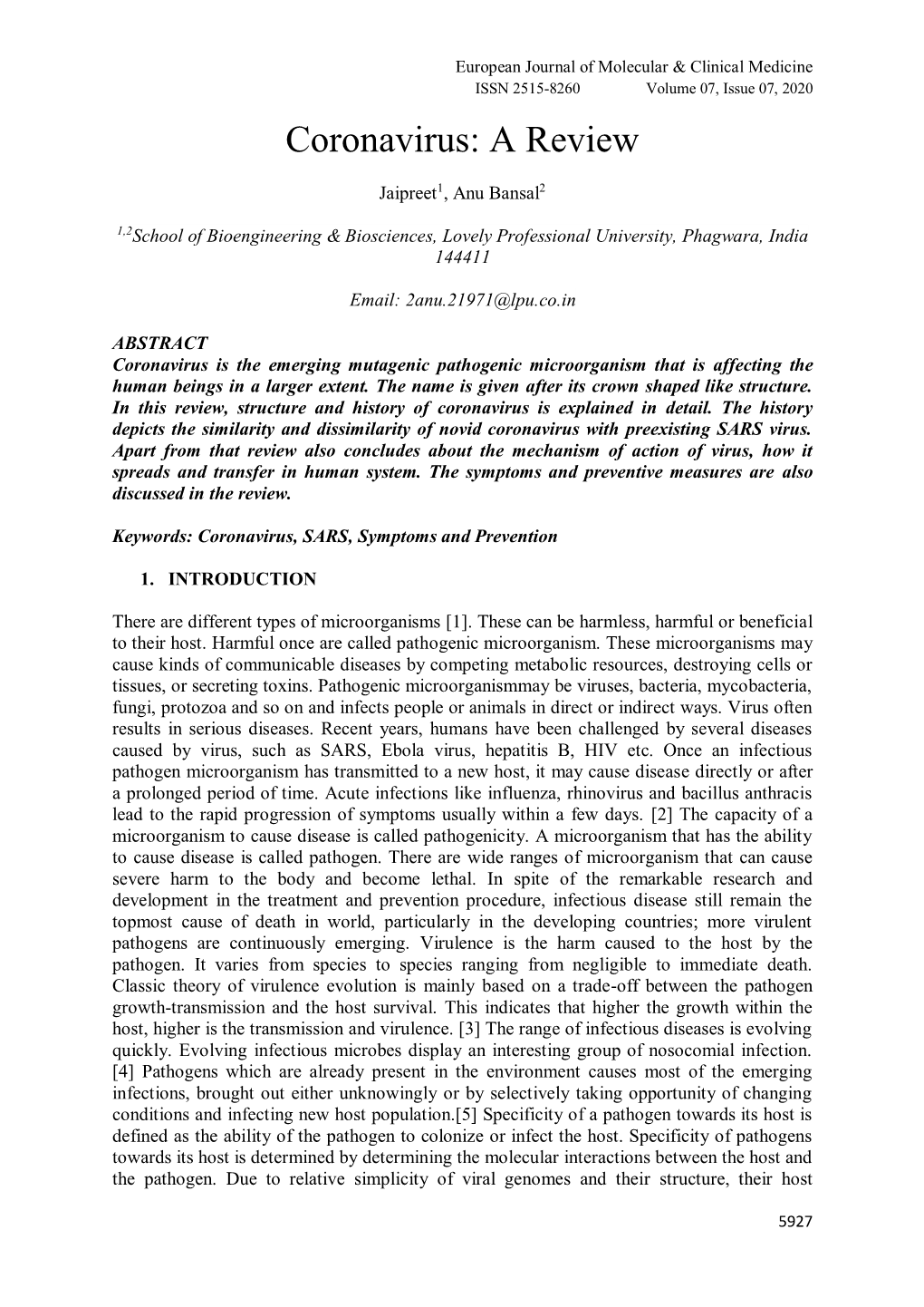 Coronavirus: a Review