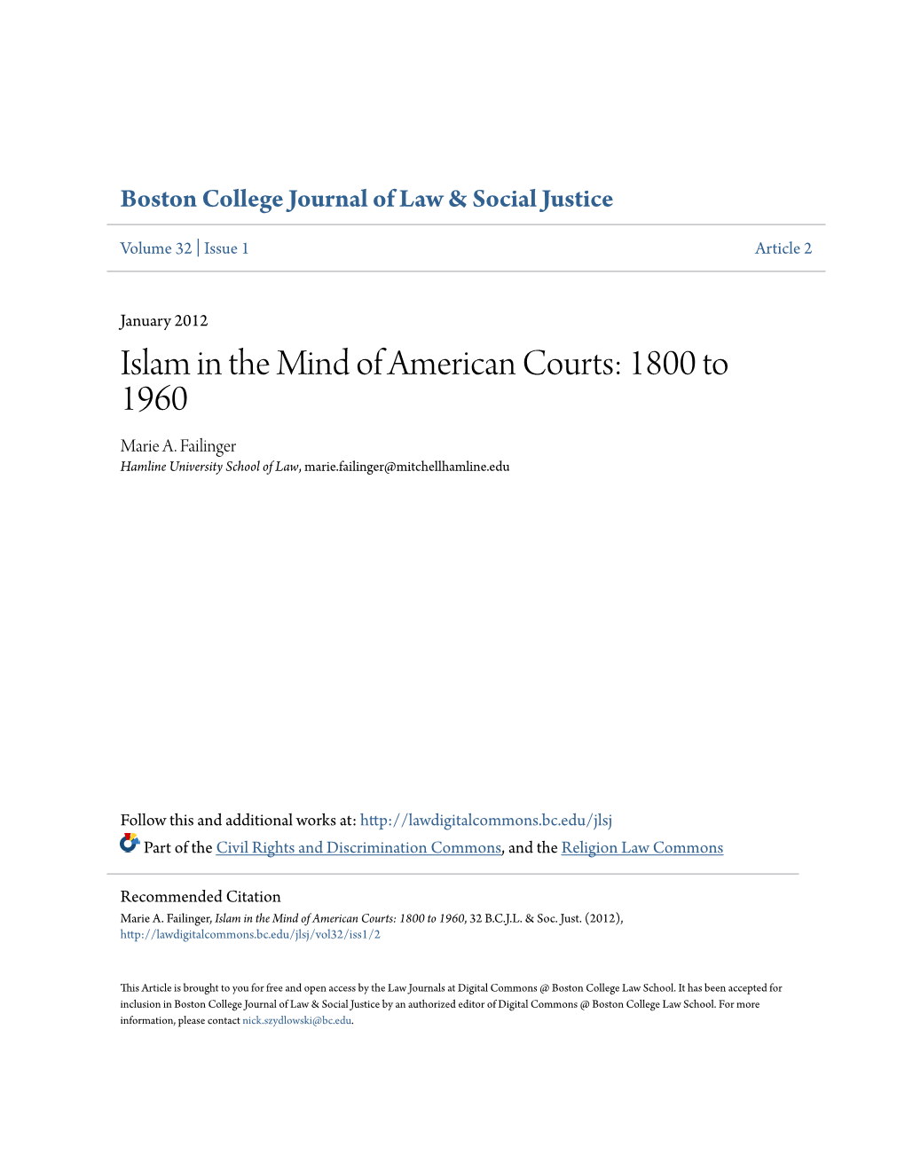 Islam in the Mind of American Courts: 1800 to 1960 Marie A