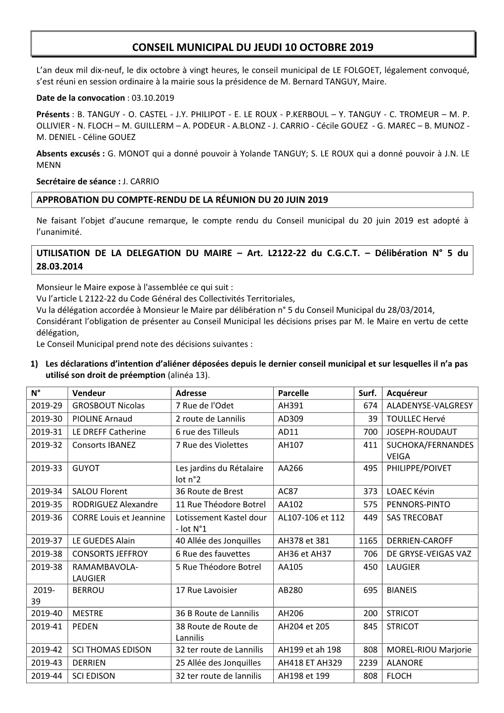 Conseil Municipal Du Jeudi 10 Octobre 2019