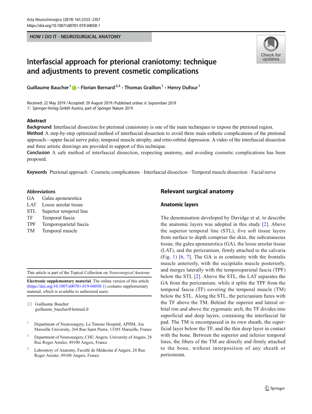 Interfascial Approach for Pterional Craniotomy: Technique and Adjustments to Prevent Cosmetic Complications