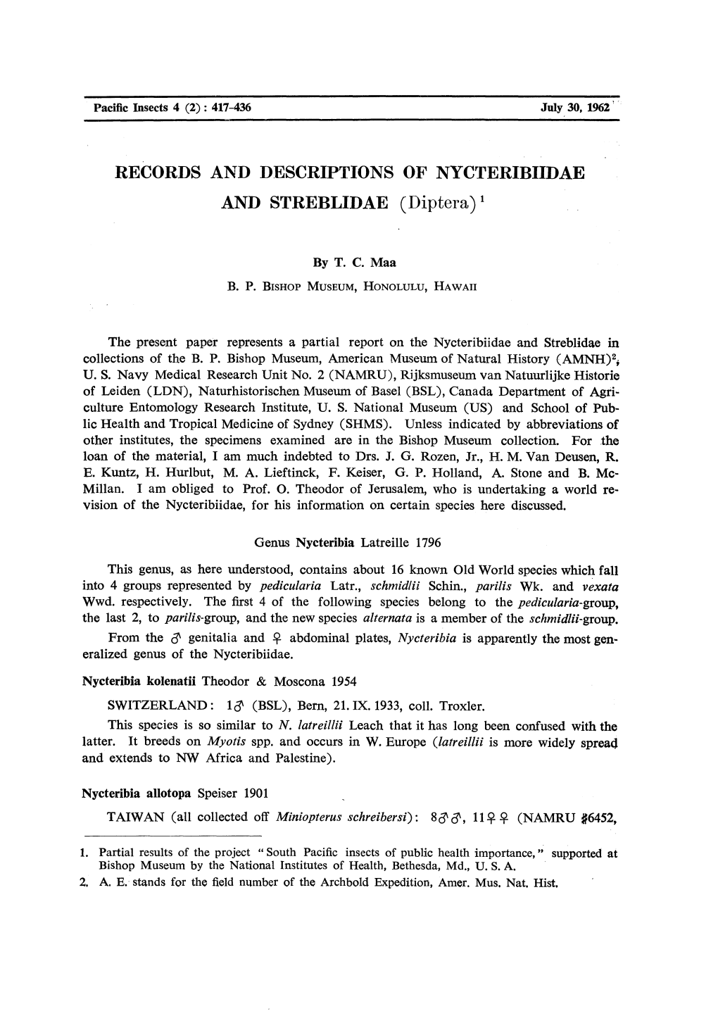 RECORDS and DESCRIPTIONS of NYCTERIBIIDAE and STREBLIDAE (Diptera) X