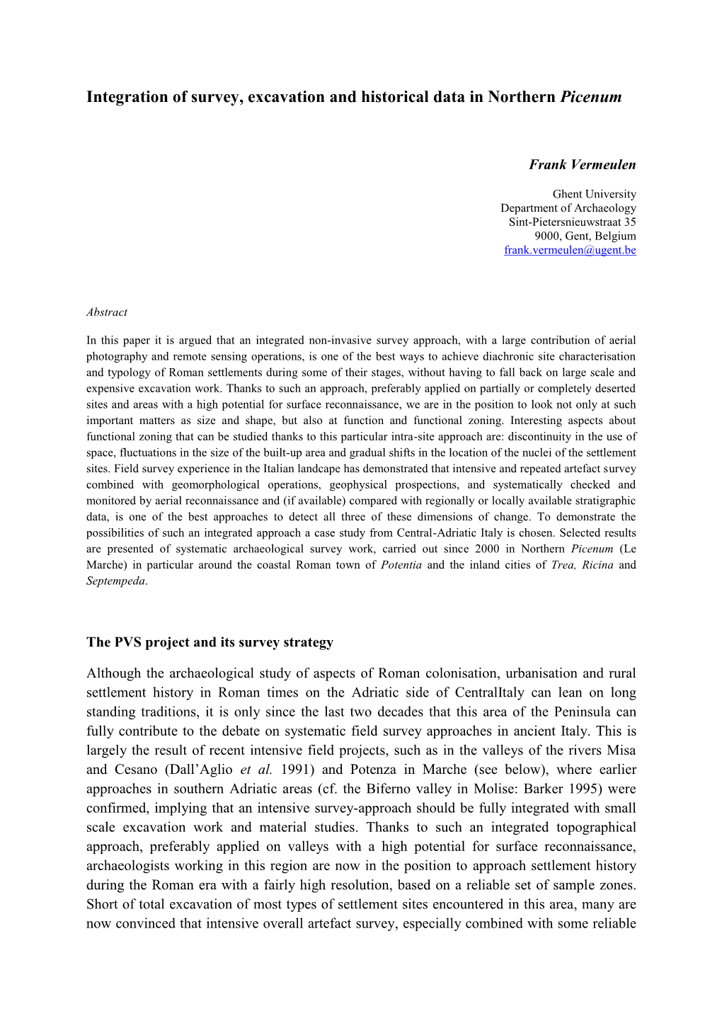 Integration of Survey, Excavation and Historical Data in Northern Picenum