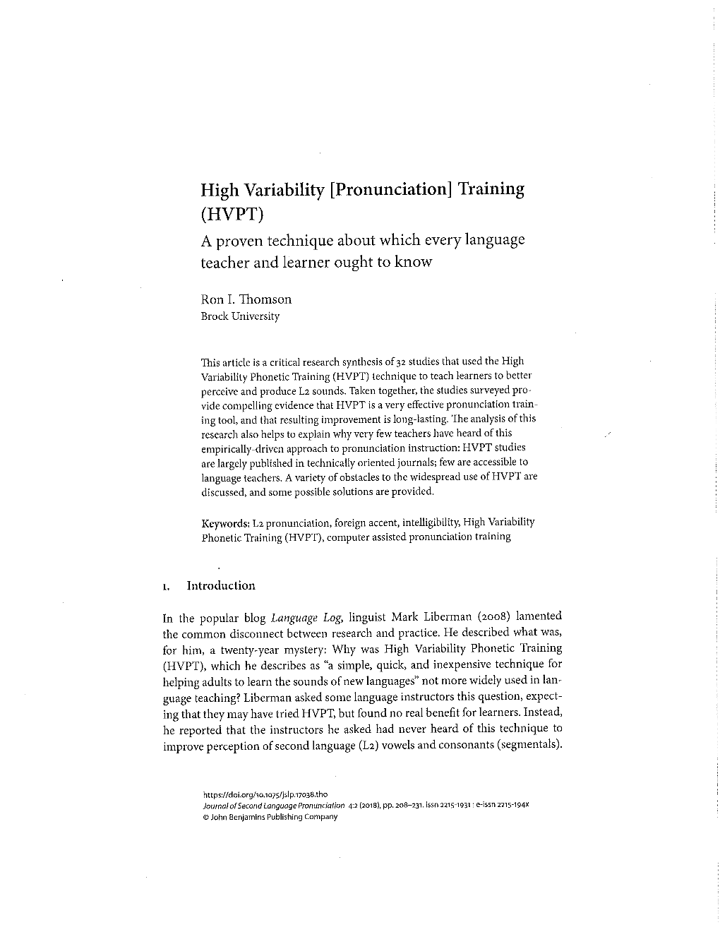 High Variability [Pronunciation] Training (HVPT) a Proven Technique About Which Every Language Teacher and Learner Ought to Know