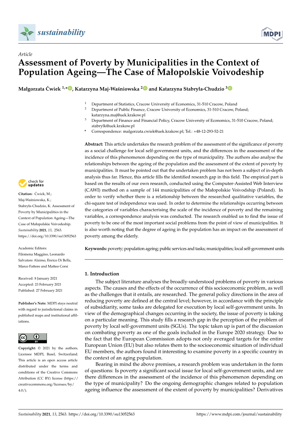 Assessment of Poverty by Municipalities in the Context of Population Ageing—The Case of Małopolskie Voivodeship