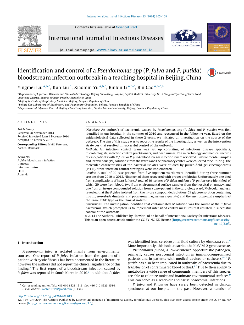 Identification and Control of a Pseudomonas Spp (P. Fulva and P. Putida) Bloodstream Infection Outbreak in a Teaching Hospital in Beijing, China