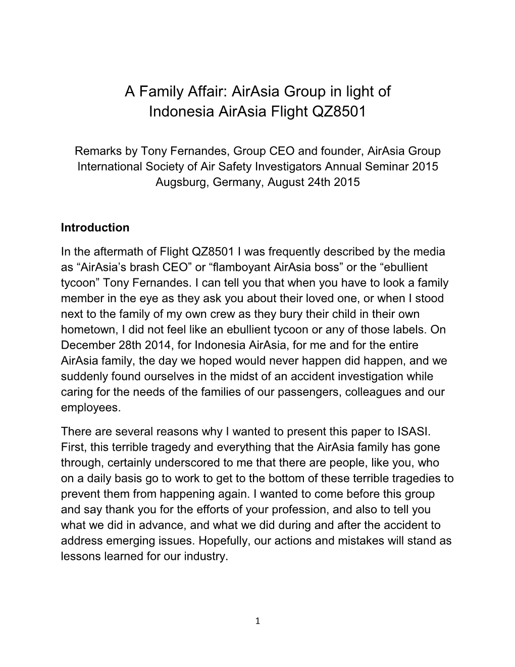 A Family Affair: Airasia Group in Light of Indonesia Airasia Flight QZ8501