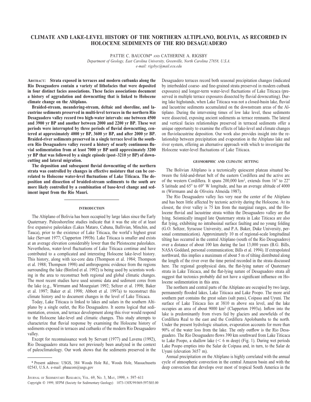 Climate and Lake-Level History of the Northern Altiplano, Bolivia, As Recorded in Holocene Sediments of the Rio Desaguadero