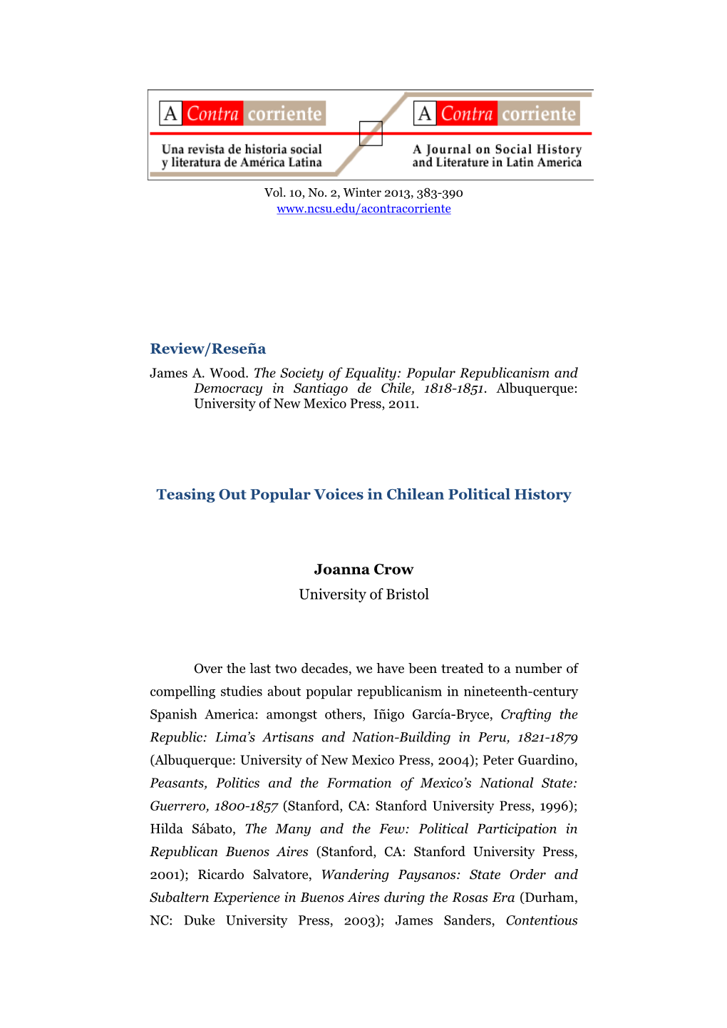 Review/Reseña Teasing out Popular Voices in Chilean Political