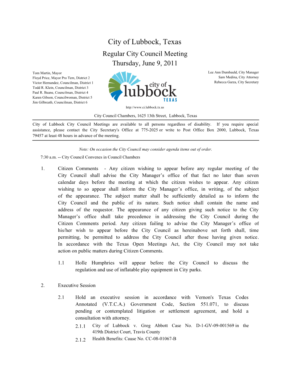 City of Lubbock, Texas Regular City Council Meeting Thursday, June 9, 2011