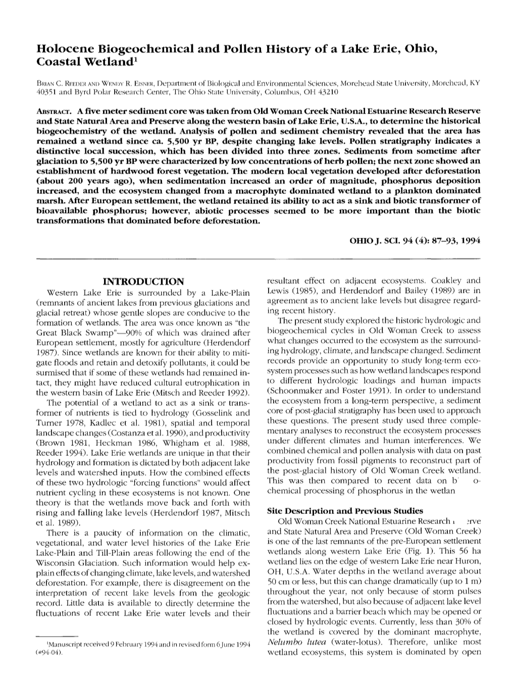 Holocene Biogeochemical and Pollen History of a Lake Erie, Ohio, Coastal Wetland1