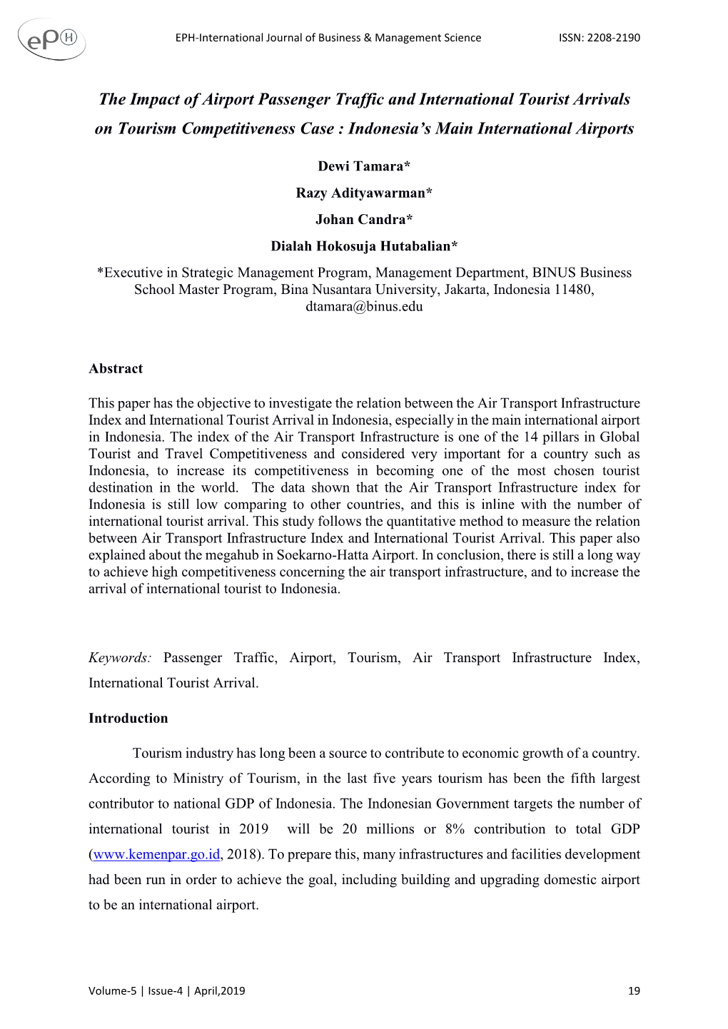 The Impact of Airport Passenger Traffic and International Tourist Arrivals on Tourism Competitiveness Case : Indonesia’S Main International Airports