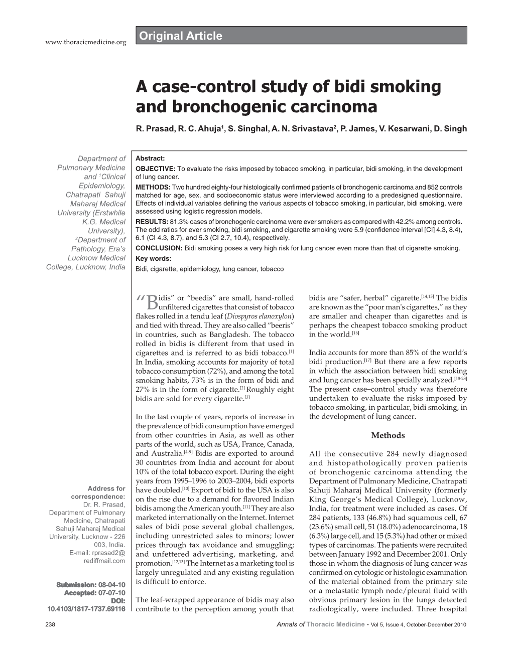 A Case-Control Study of Bidi Smoking and Bronchogenic Carcinoma