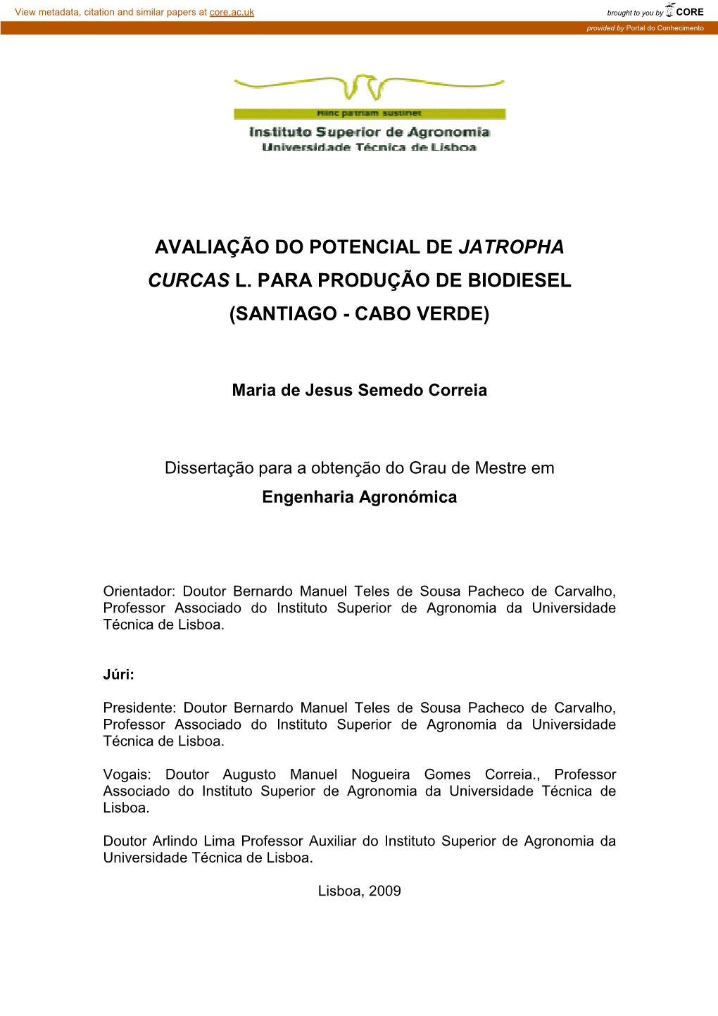 Avaliação Do Potencial De Jatropha Curcas L. Para Produção De Biodiesel (Santiago - Cabo Verde)