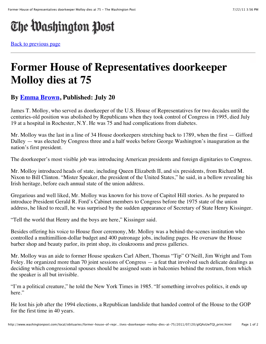 Former House of Representatives Doorkeeper Molloy Dies at 75 - the Washington Post 7/22/11 3:56 PM