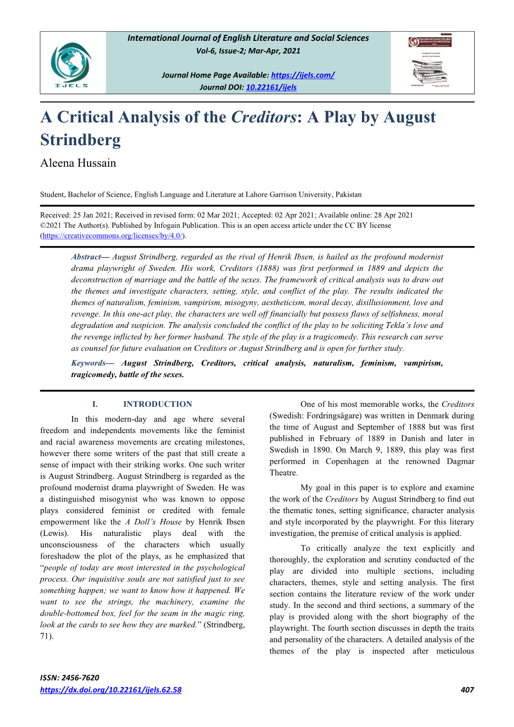 A Critical Analysis of the Creditors: a Play by August Strindberg Aleena Hussain