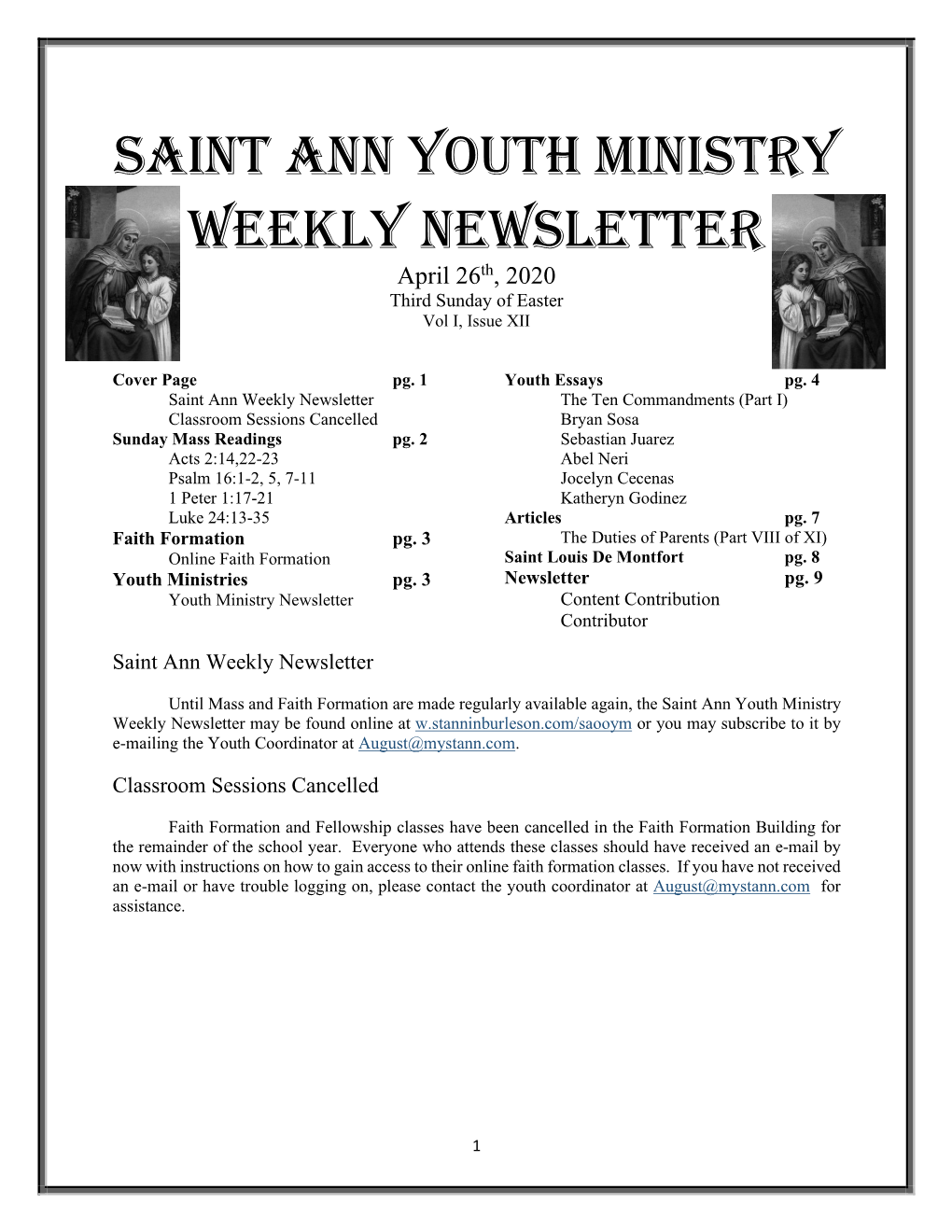 Saint Ann Youth Ministry Weekly Newsletter April 26Th, 2020 Third Sunday of Easter Vol I, Issue XII