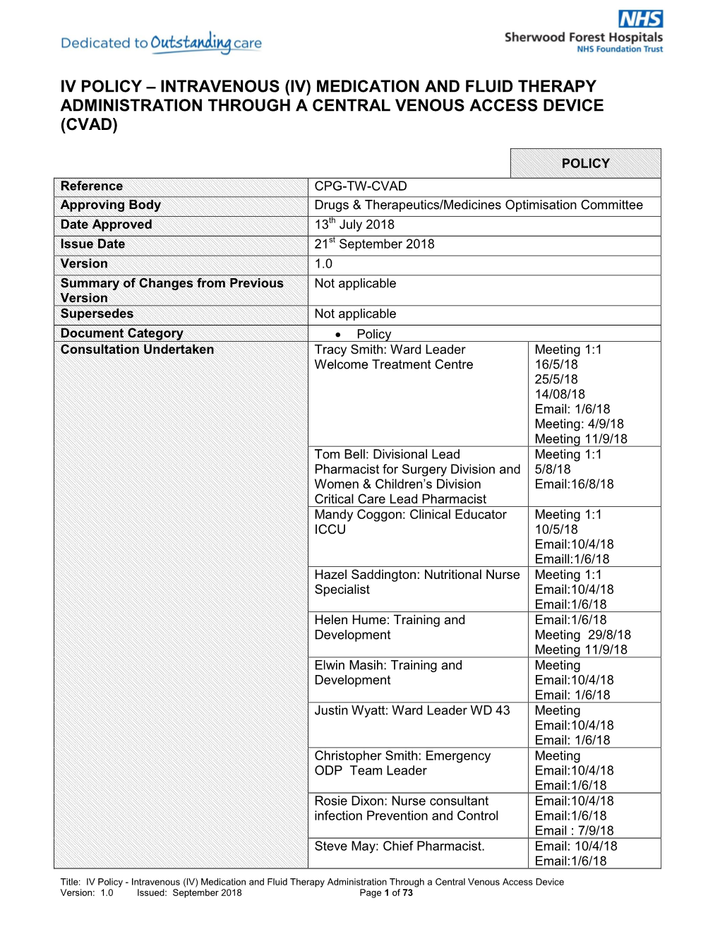 Intravenous (Iv) Medication and Fluid Therapy Administration Through a Central Venous Access Device (Cvad)