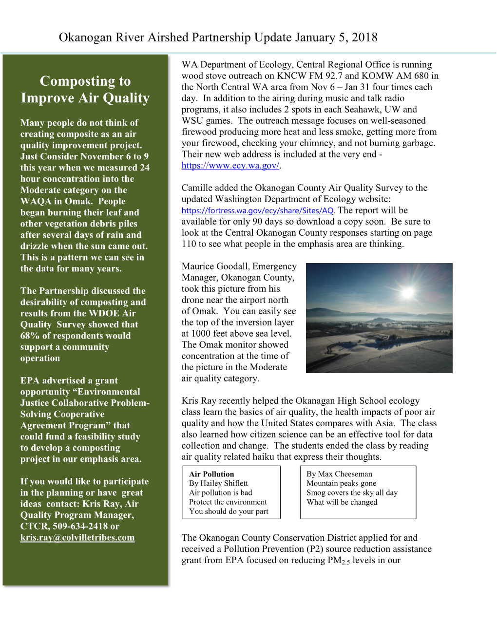 Okanogan River Airshed Partnership Update January 5, 2018