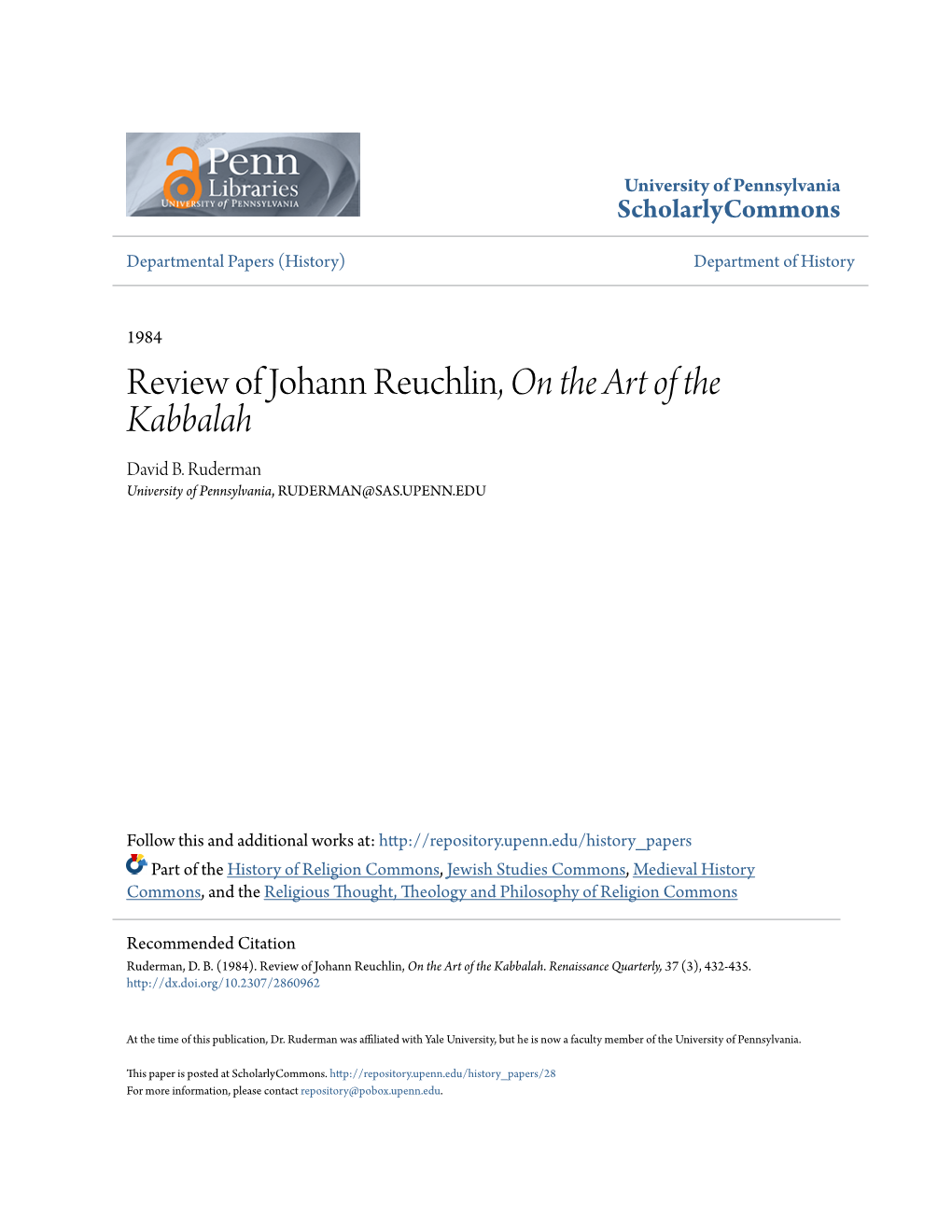 Review of Johann Reuchlin, on the Art of the Kabbalah David B