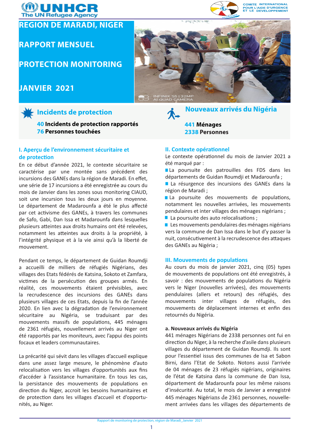 Region De Maradi, Niger Rapport Mensuel Protection Monitoring
