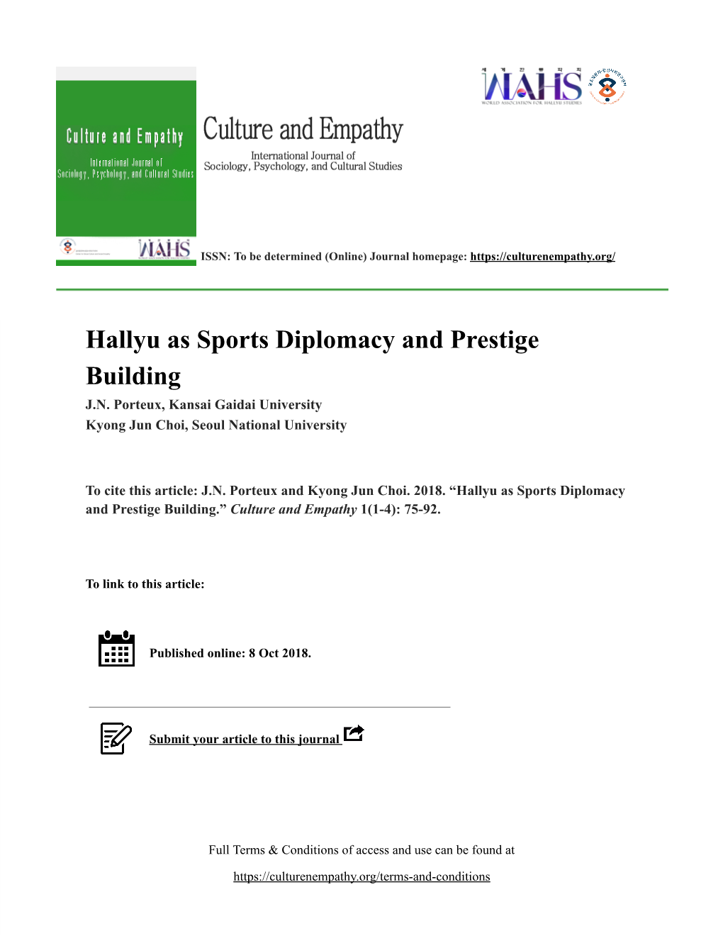 Hallyu As Sports Diplomacy and Prestige Building J.N