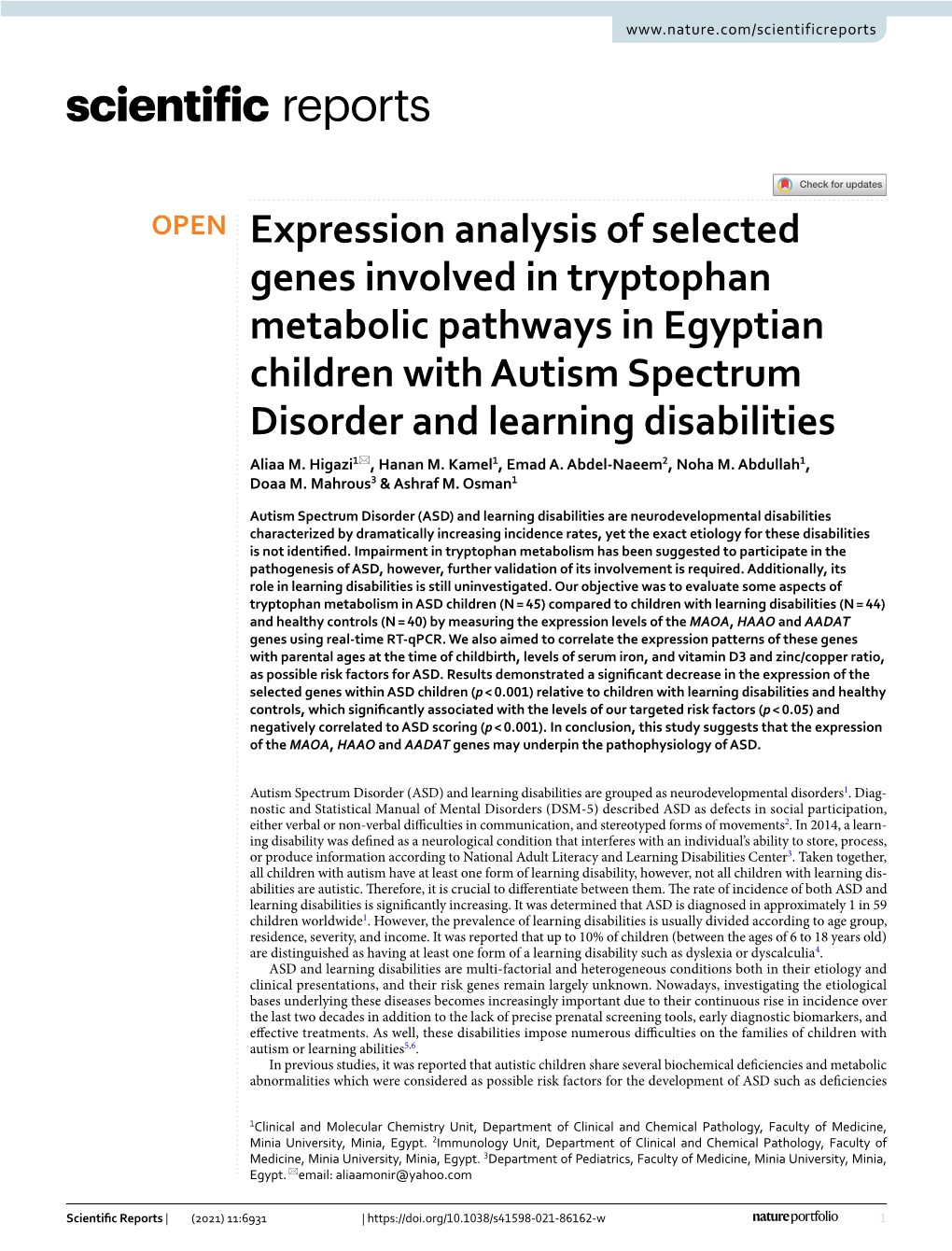 Expression Analysis of Selected Genes Involved in Tryptophan Metabolic Pathways in Egyptian Children with Autism Spectrum Disorder and Learning Disabilities Aliaa M