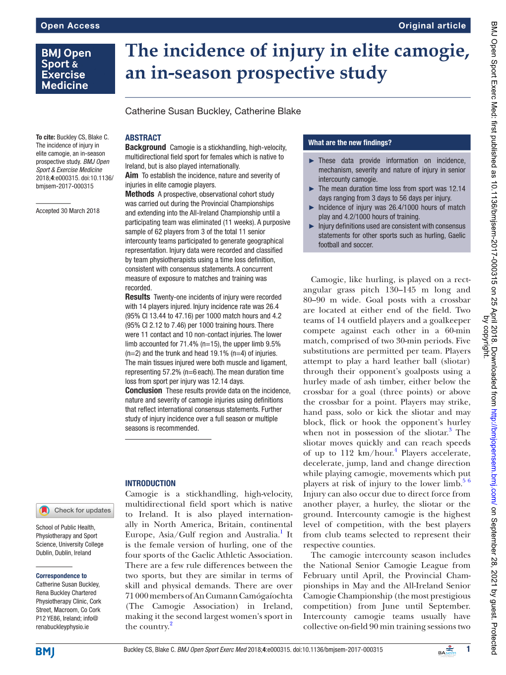 The Incidence of Injury in Elite Camogie, an In-Season Prospective Study