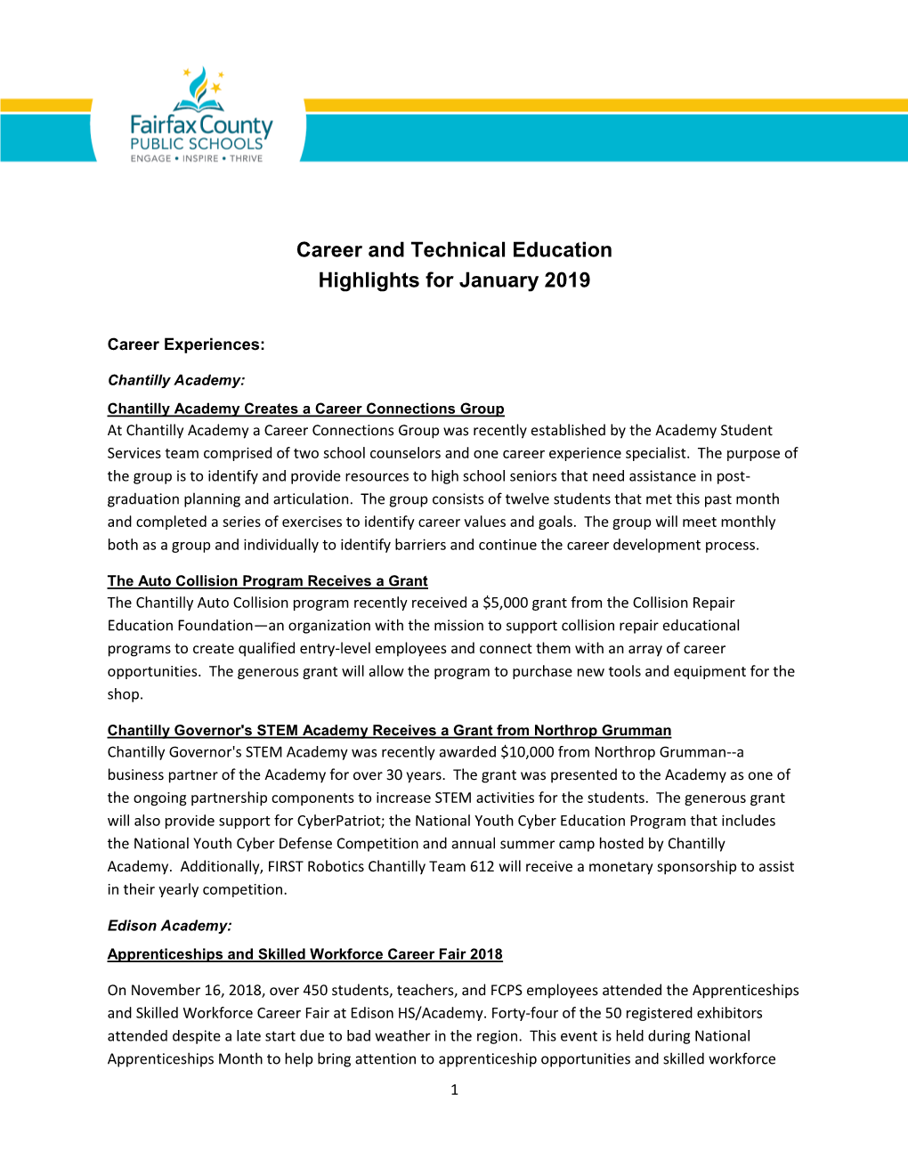 Career and Technical Education Highlights for January 2019