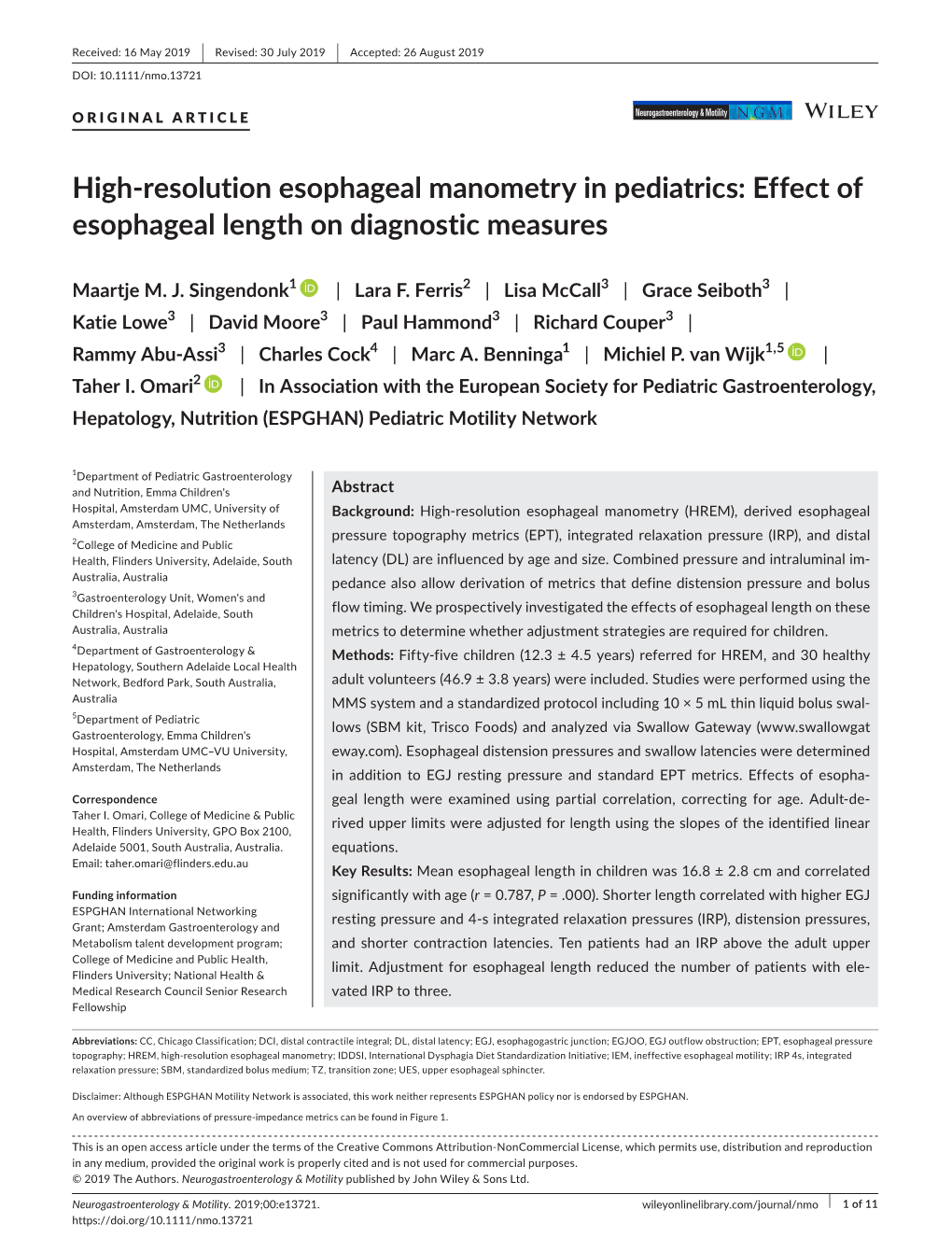 High‐Resolution Esophageal Manometry in Pediatrics: Effect of Esophageal Length on Diagnostic Measures