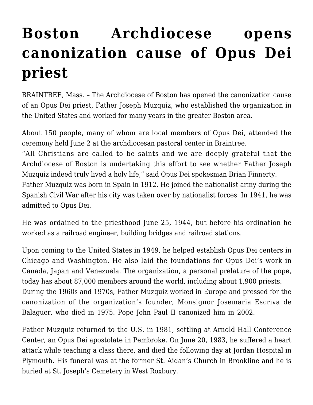 Boston Archdiocese Opens Canonization Cause of Opus Dei Priest