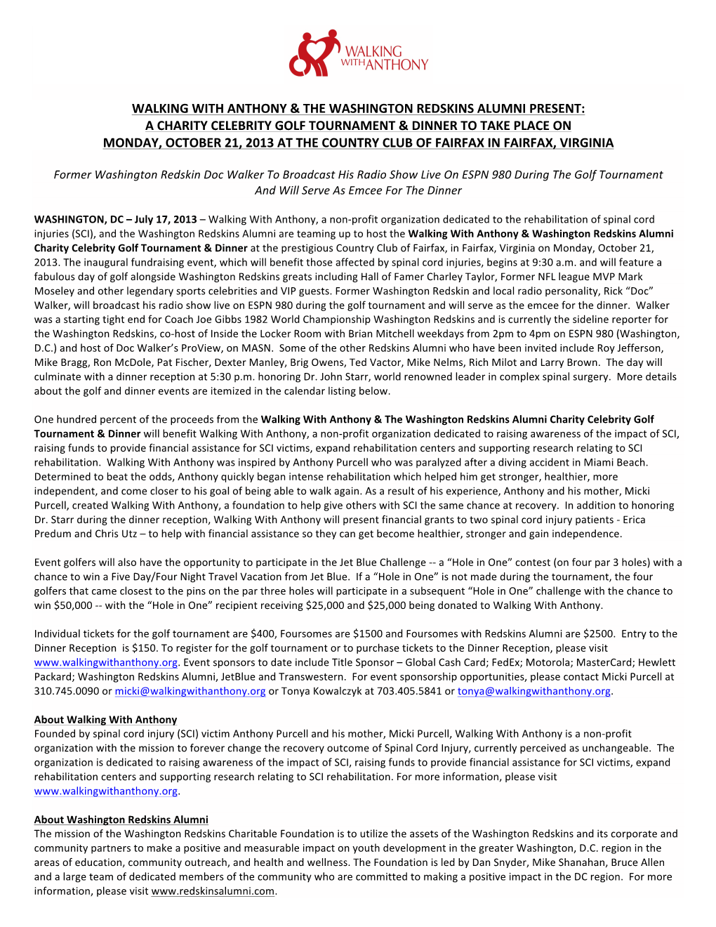 Redskins Alumni Present: a Charity Celebrity Golf Tournament & Dinner to Take Place on Monday, October 21, 2013 at the Country Club of Fairfax in Fairfax, Virginia