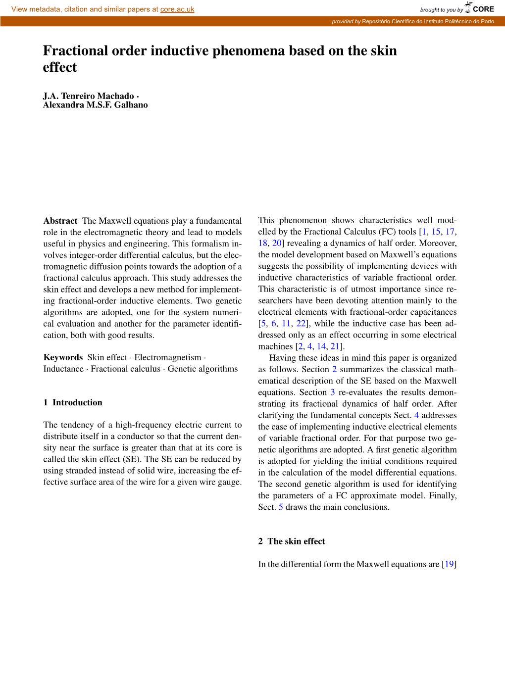 Fractional Order Inductive Phenomena Based on the Skin Effect