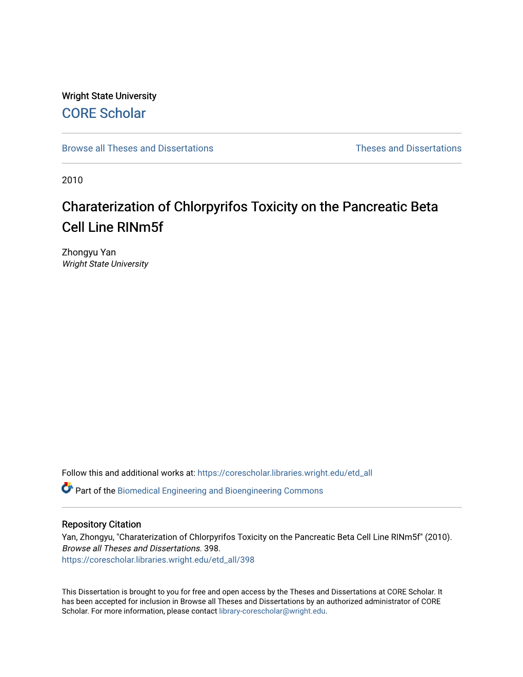 Charaterization of Chlorpyrifos Toxicity on the Pancreatic Beta Cell Line Rinm5f