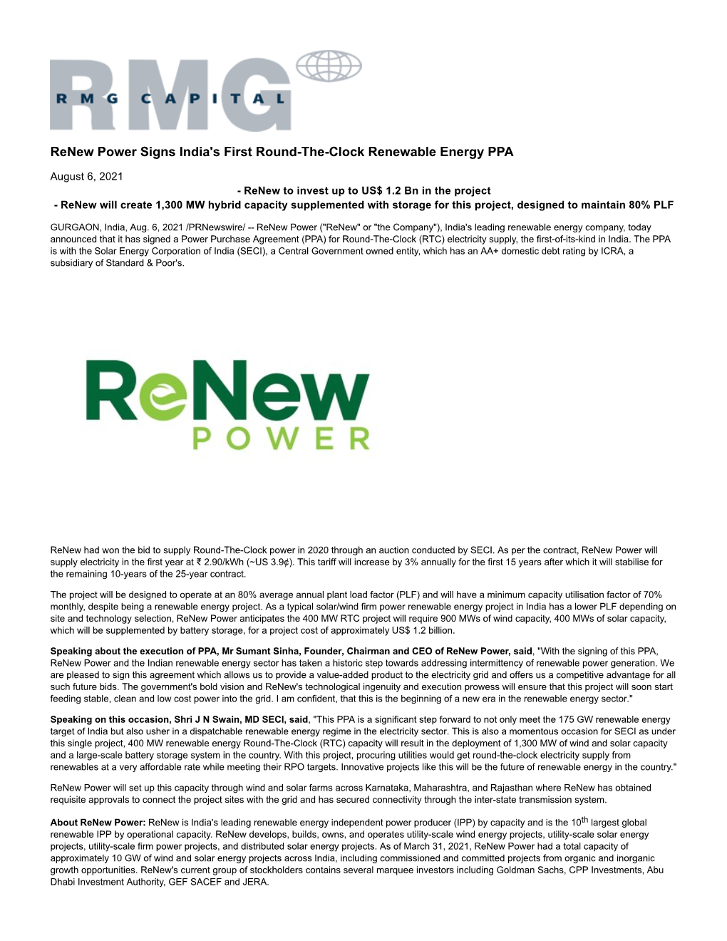 Renew Power Signs India's First Round-The-Clock Renewable Energy PPA