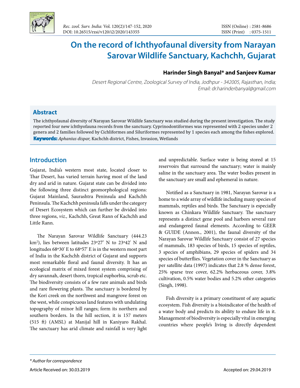 On the Record of Ichthyofaunal Diversity from Narayan Sarovar Wildlife Sanctuary, Kachchh, Gujarat