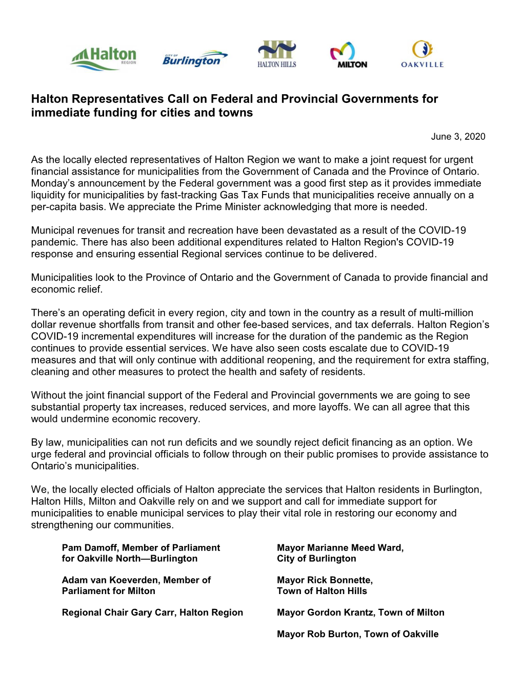 Joint Statement from Halton Region's Elected Representatives