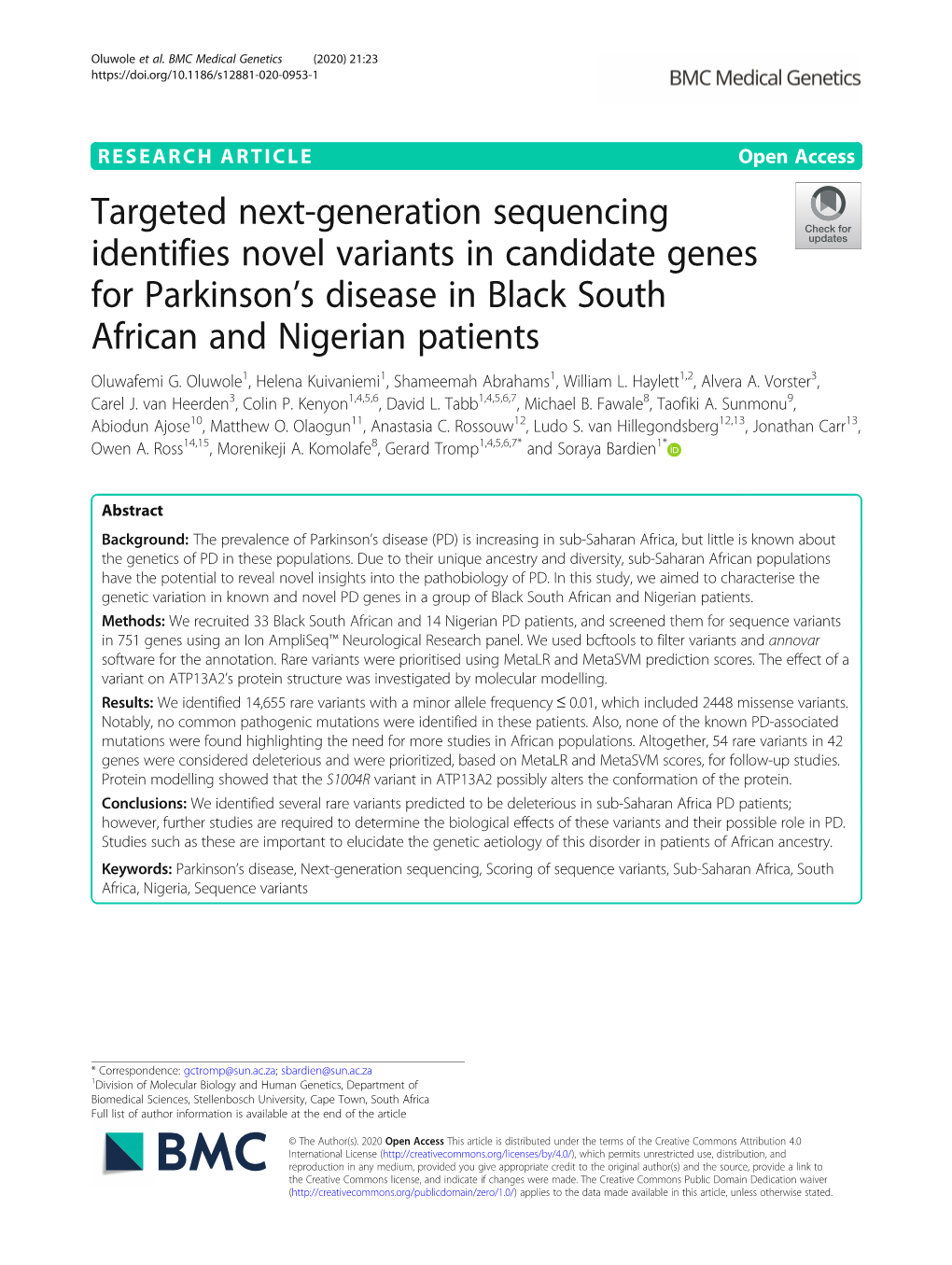 Targeted Next-Generation Sequencing Identifies Novel Variants in Candidate Genes for Parkinson’S Disease in Black South African and Nigerian Patients Oluwafemi G
