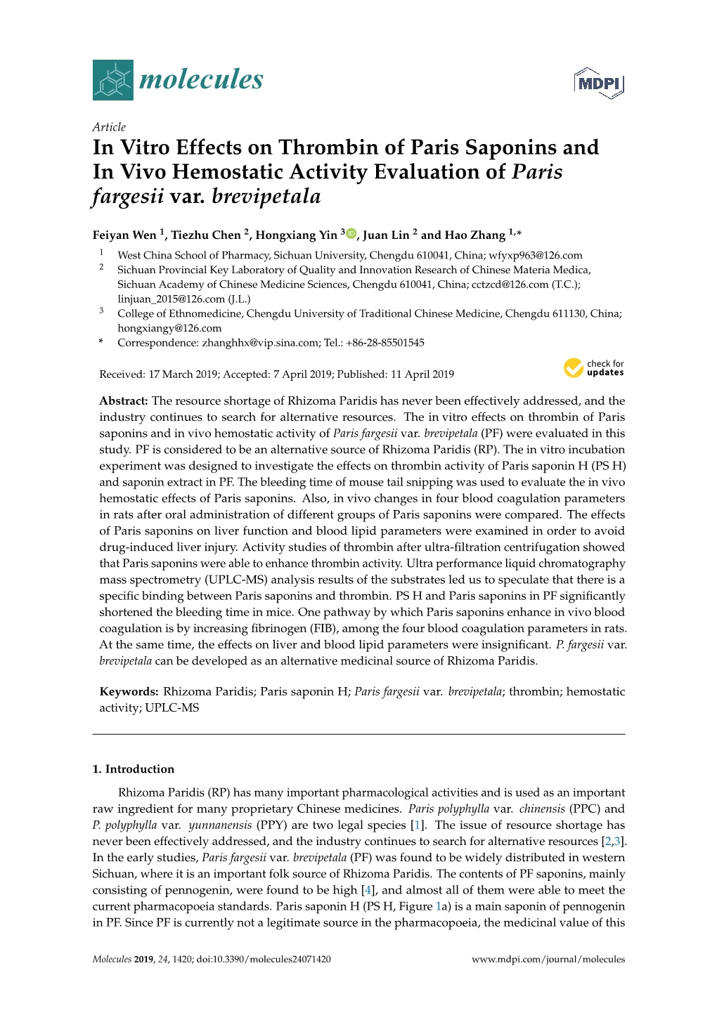 In Vitro Effects on Thrombin of Paris Saponins and in Vivo Hemostatic Activity Evaluation of Paris Fargesii Var