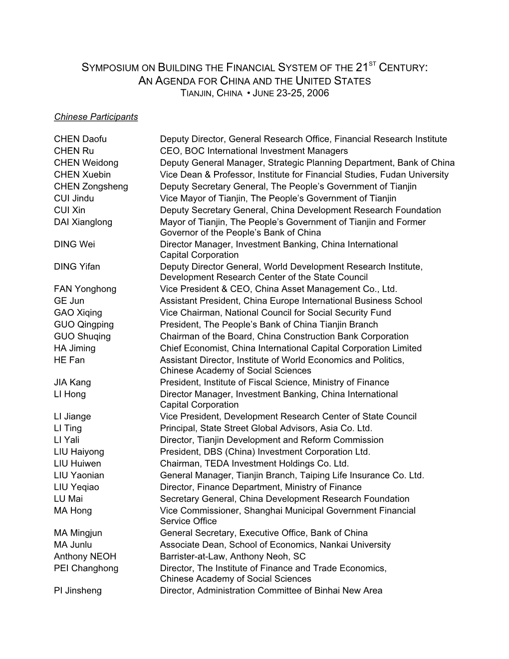 2006 China – US Symposium Participant List