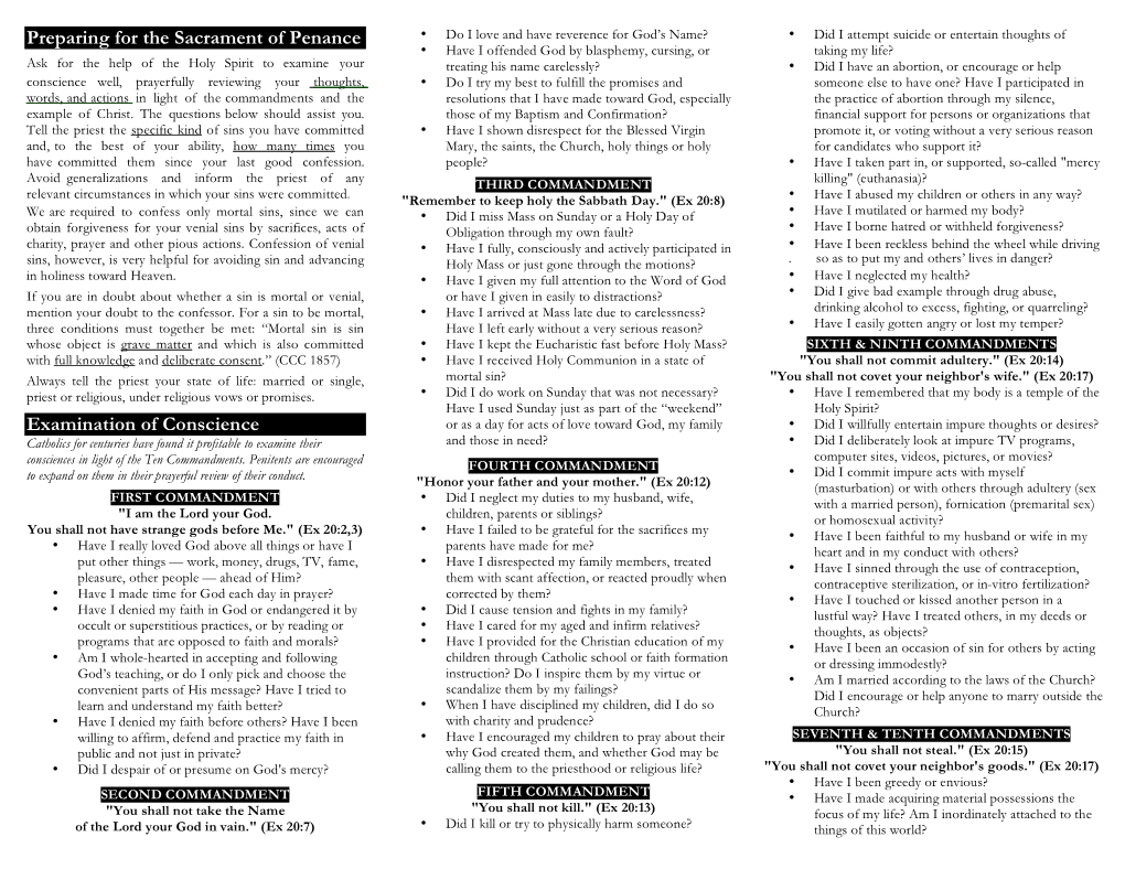 Preparing for the Sacrament of Penance Examination of Conscience